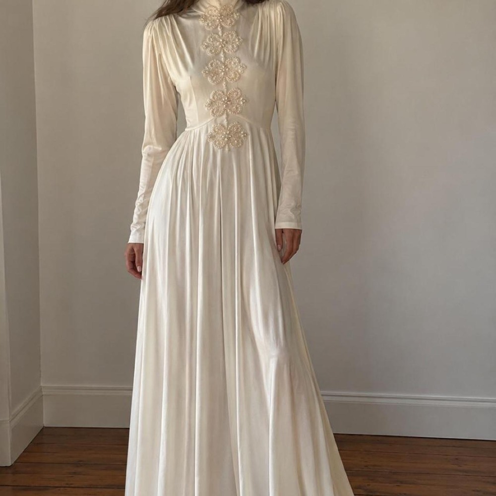 Vintage House of Bianchi Boutique White Wedding Dress Pearl Lace Empire Maxi 6-8